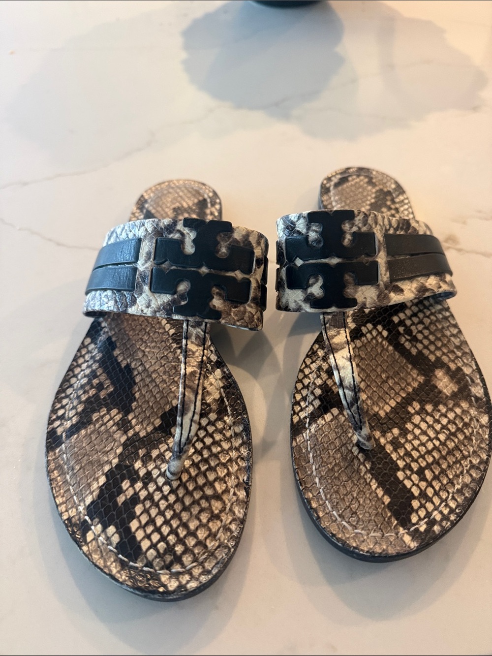 Tory Burch Snakeskin Thong Sandals with Black Logo